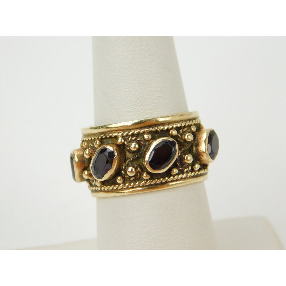Stunning 14K Gold 7 Red Garnet Etruscan Eternity Band Ring Sz 7 ~ 8.9g Heavy